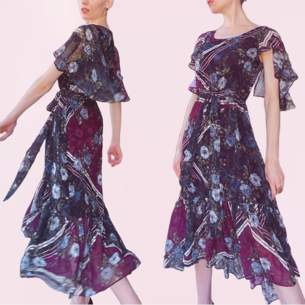 TAYLOR Black, Blue & Burgundy Floral Printed Belted Chiffon Midi Dress Fits a S